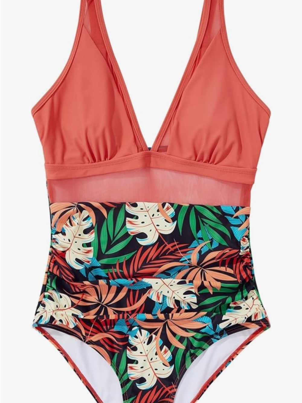 🚘 NWOT High Waist 1-Piece Swimsuit in Coral with Tropical Print mesh middle XXL - Picture 4 of 10